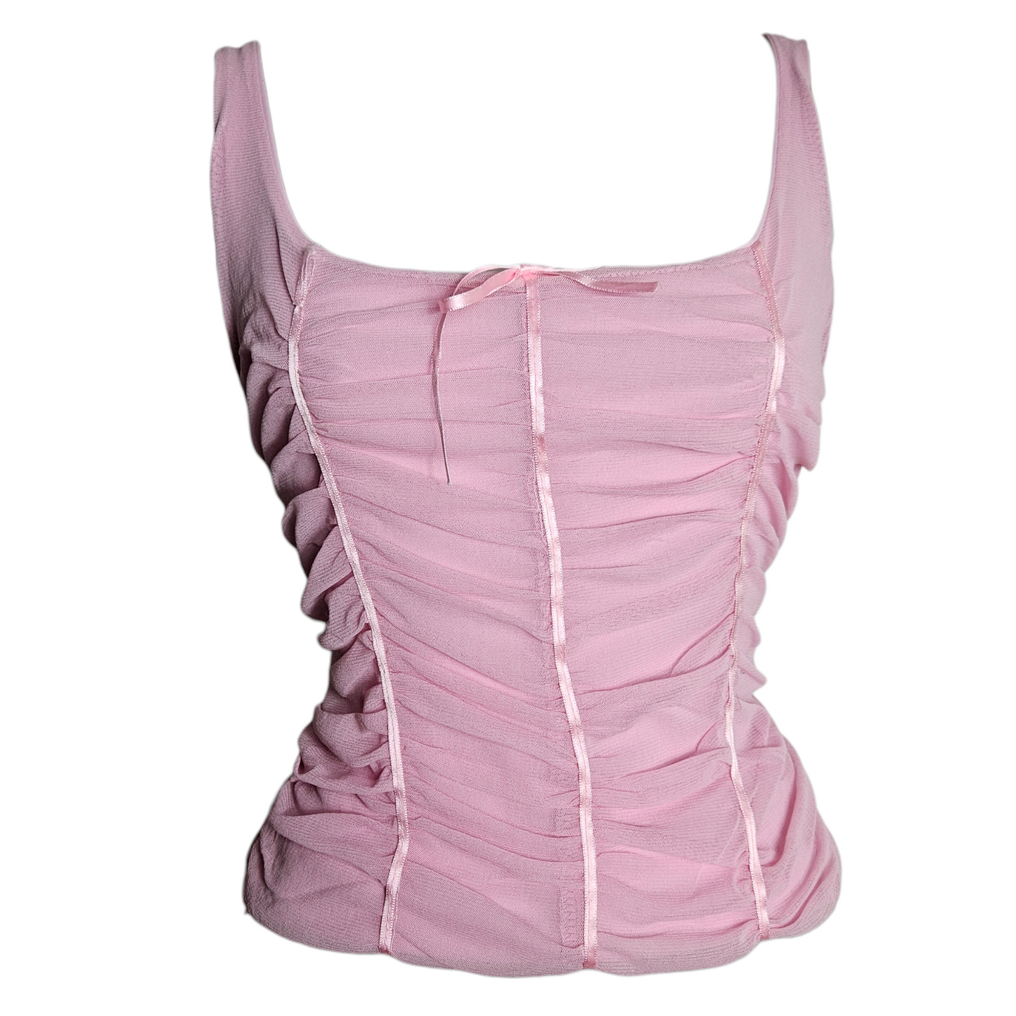 Vintage pink ruched y2k tank top with fitted fairycore silhouette and soft romantic aesthetic by Lucid Dream 2007