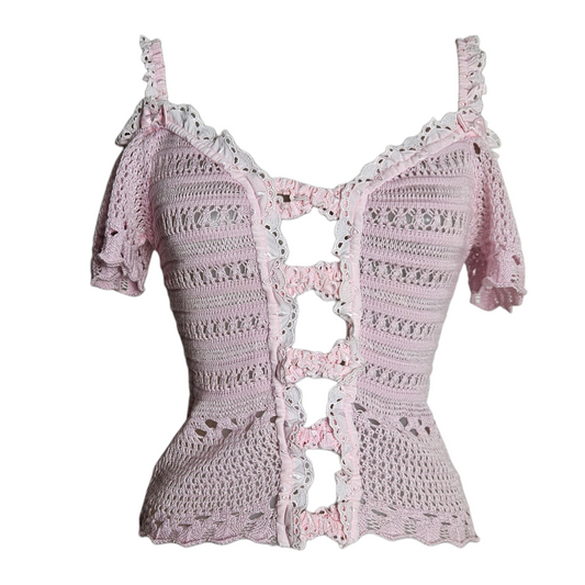 Vintage pink crochet knit top with lace trims and open front detailing, dreamy fairycore y2k aesthetic piece by Lucid Dream 2007