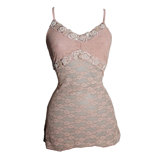 Vintage pink lace fairycore cami top with floral embroidery pearls and sequins, romantic y2k dreamy aesthetic by Lucid Dream 2007