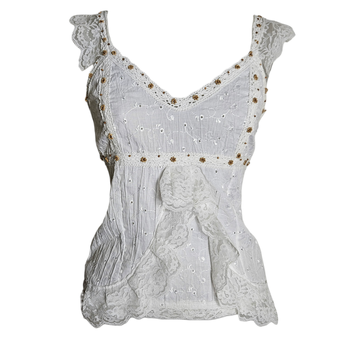 Vintage white lace fairycore blouse with embroidered details and romantic bow front, soft cottagecore y2k dreamy aesthetic by Lucid Dream 2007