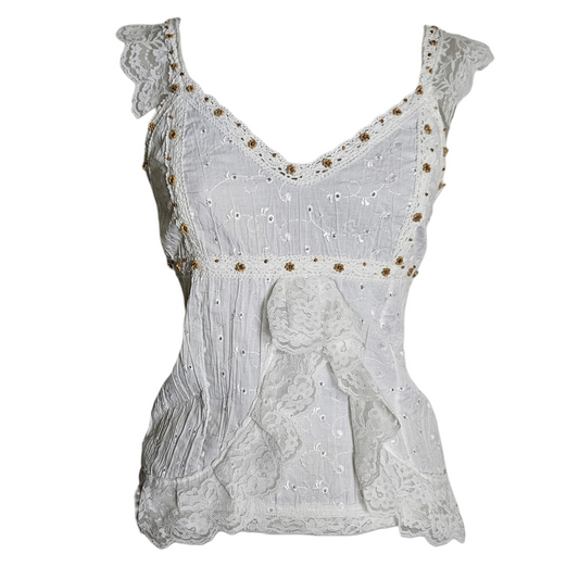 Vintage white lace fairycore blouse with embroidered details and romantic bow front, soft cottagecore y2k dreamy aesthetic by Lucid Dream 2007