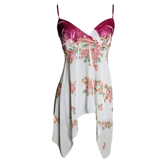 Vintage floral asymmetrical cami top with pink satin bust and flowing fairycore y2k romantic aesthetic by Lucid Dream 2007
