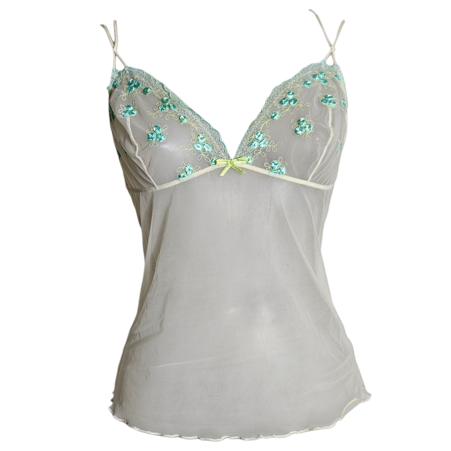 Vintage sheer ivory camisole with delicate aqua floral embroidery, fairycore Y2K lingerie aesthetic, soft dreamy reverie slip top