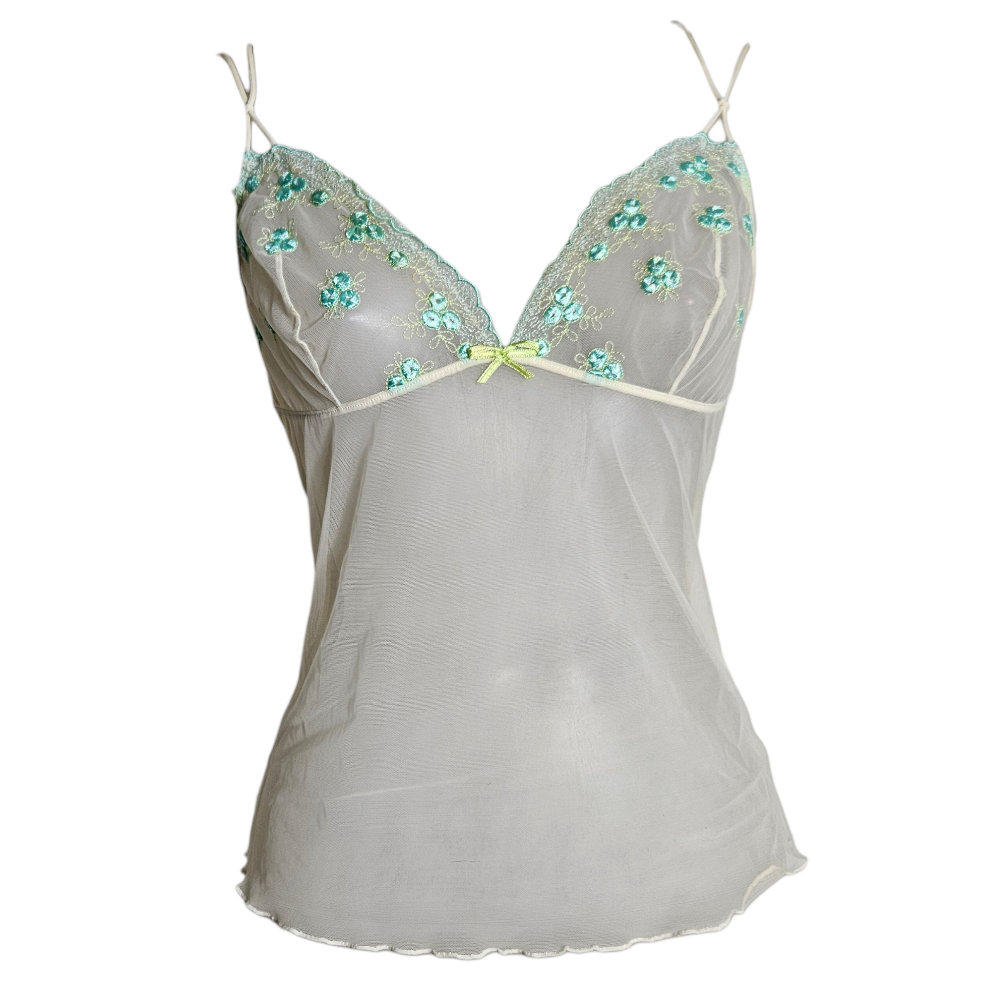 Vintage sheer ivory camisole with delicate aqua floral embroidery, fairycore Y2K lingerie aesthetic, soft dreamy reverie slip top