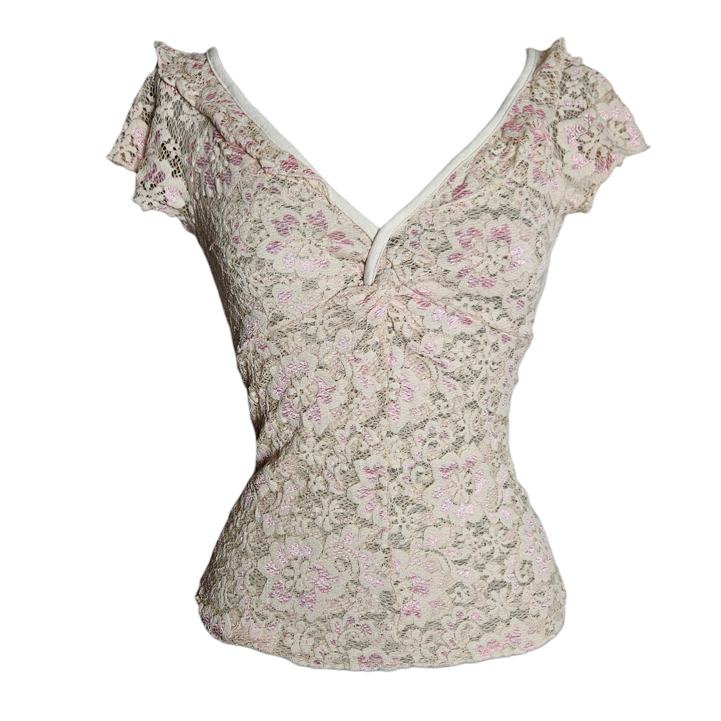 Vintage French lace top in soft ivory and pink floral pattern, romantic fairycore aesthetic by Lucid Dream 2007.