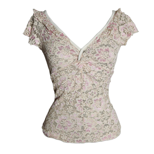 Vintage French lace top in soft ivory and pink floral pattern, romantic fairycore aesthetic by Lucid Dream 2007.