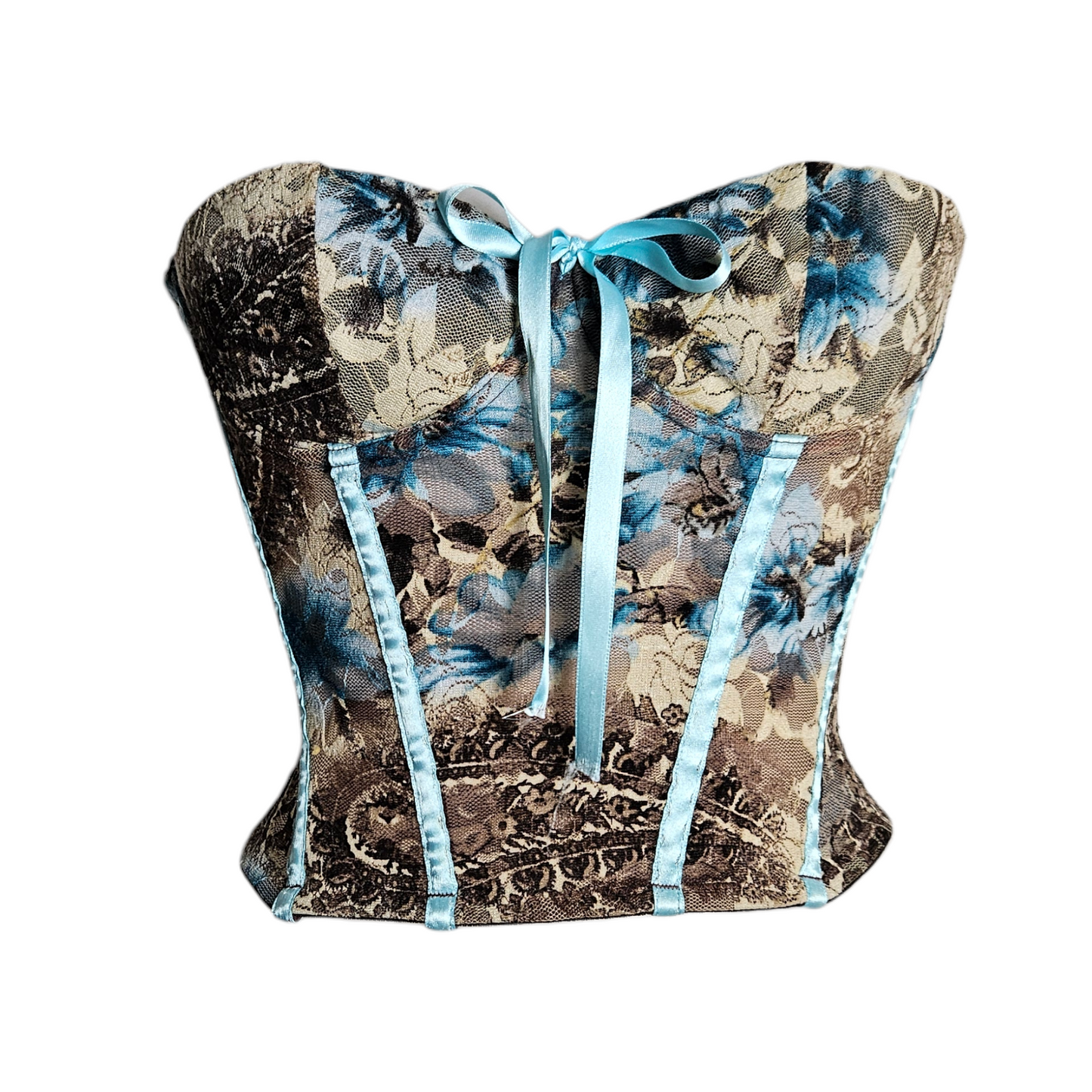 Vintage floral mesh corset bustier with blue satin details, Y2K fairycore lingerie aesthetic, romantic whimsigoth structured top