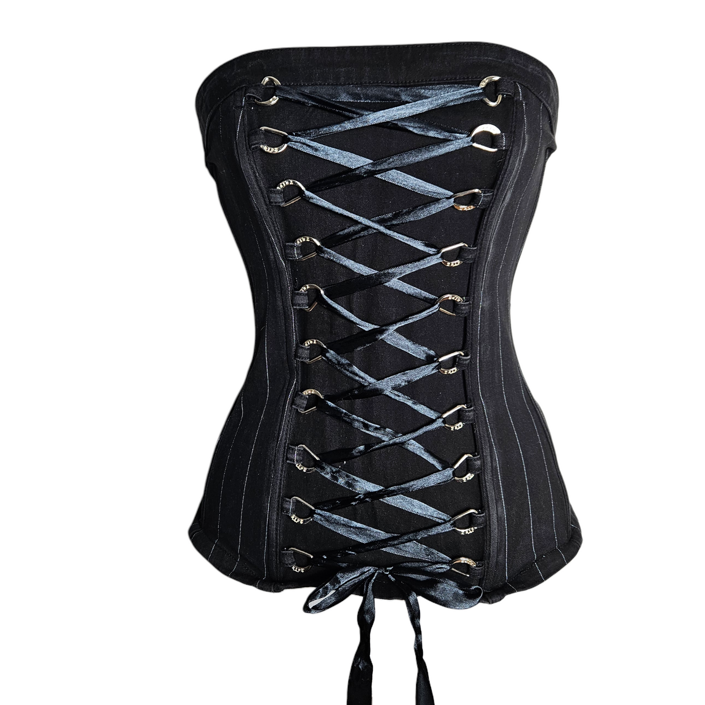 Vintage black lace-up corset bustier with pinstripes, Y2K goth fairycore aesthetic structured statement top with romantic edgy vibe