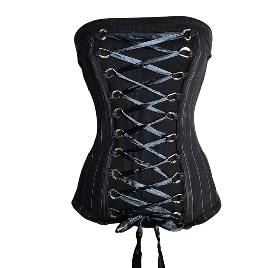 Vintage black lace-up corset bustier with pinstripes, Y2K goth fairycore aesthetic structured statement top with romantic edgy vibe