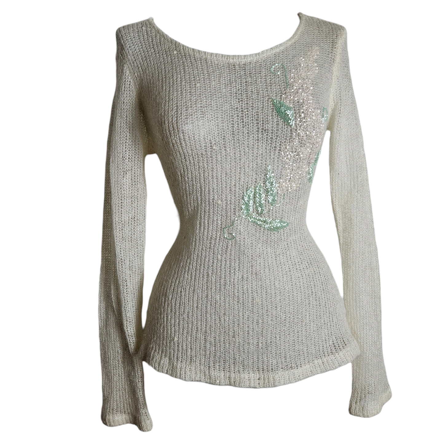 Vintage sheer knit sweater with sequin floral embroidery, soft fairycore Y2K aesthetic dreamy lightweight romantic knit top