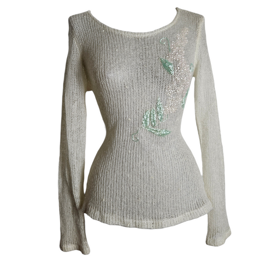 Vintage sheer knit sweater with sequin floral embroidery, soft fairycore Y2K aesthetic dreamy lightweight romantic knit top