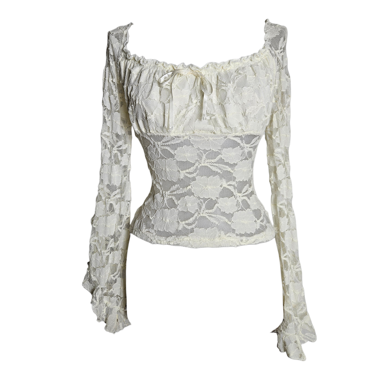 Ivory lace fairycore top with off-shoulder neckline and romantic floral lace, dreamy Y2K whimsigoth blouse with ethereal vintage silhouette.