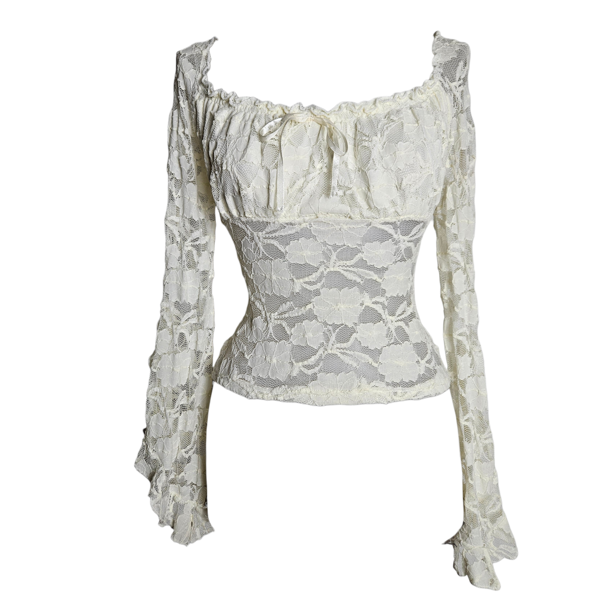Ivory lace fairycore top with off-shoulder neckline and romantic floral lace, dreamy Y2K whimsigoth blouse with ethereal vintage silhouette.