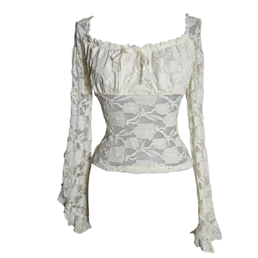 Ivory lace fairycore top with off-shoulder neckline and romantic floral lace, dreamy Y2K whimsigoth blouse with ethereal vintage silhouette.
