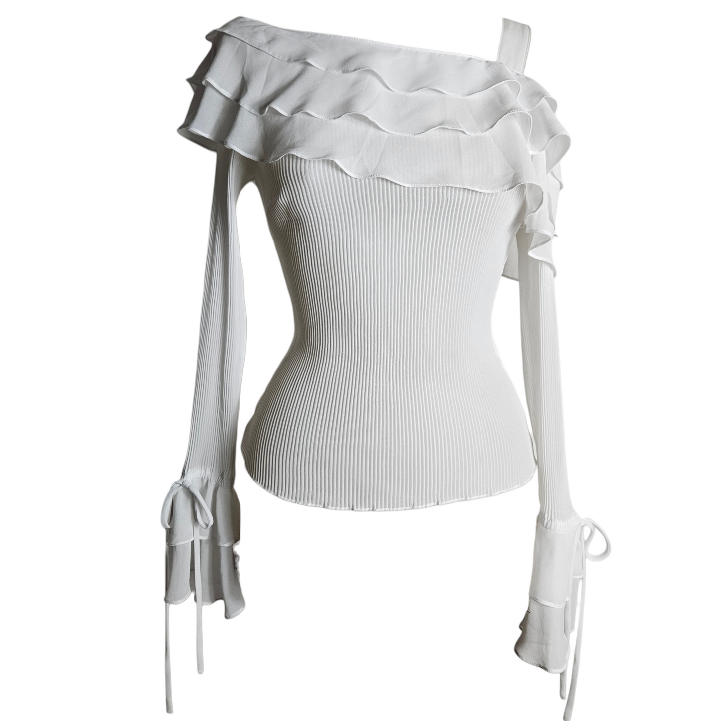 Vintage white asymmetrical ruffle top with romantic fairycore Y2K aesthetic, soft dreamy off-shoulder blouse with delicate feminine silhouette