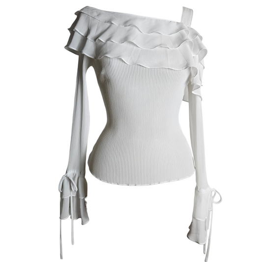 Vintage white asymmetrical ruffle top with romantic fairycore Y2K aesthetic, soft dreamy off-shoulder blouse with delicate feminine silhouette
