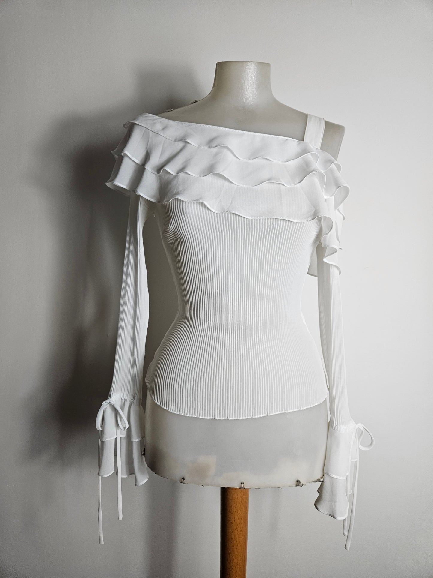 Asymmetrical voile top with ruffles