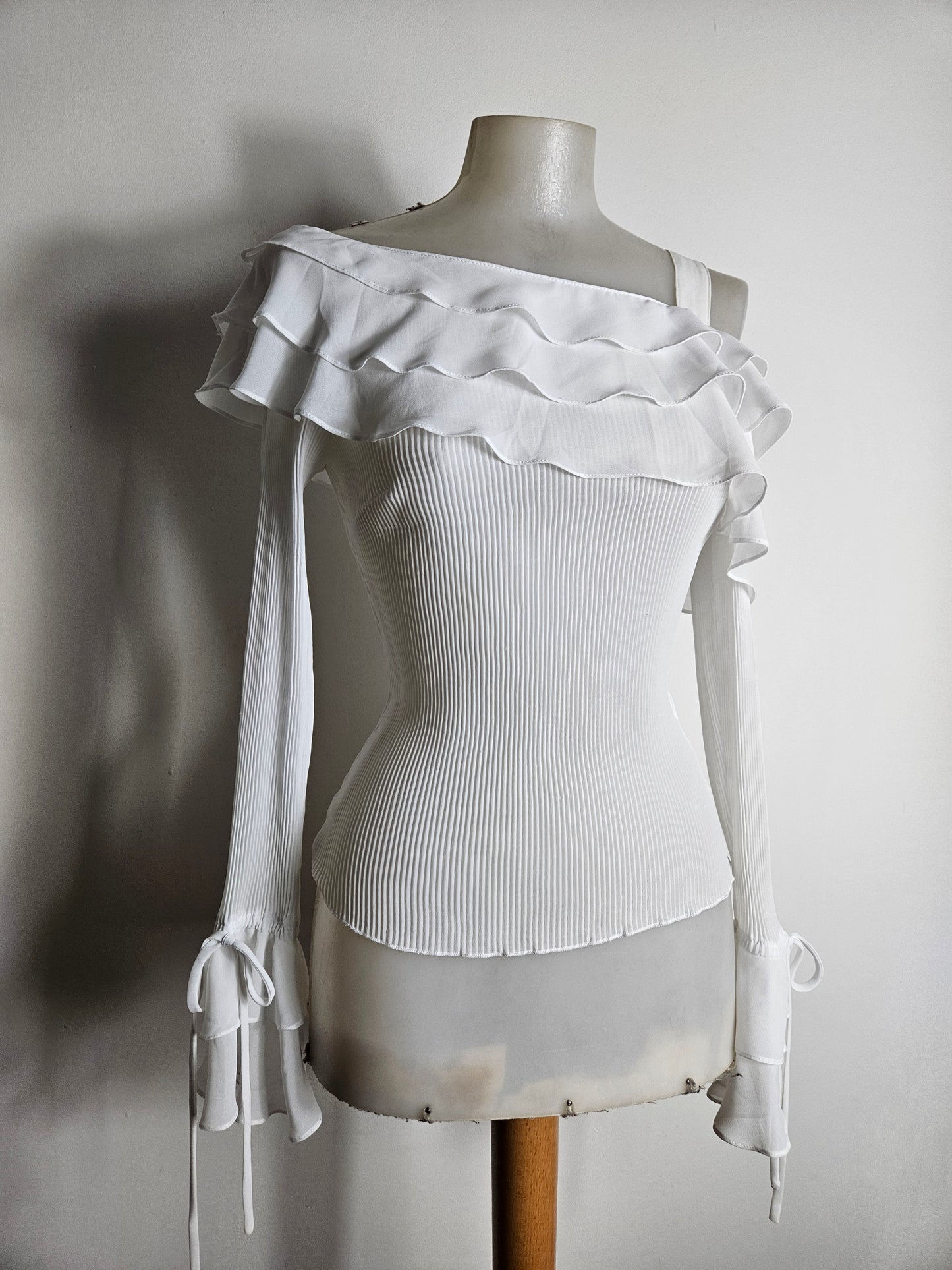 Asymmetrical voile top with ruffles