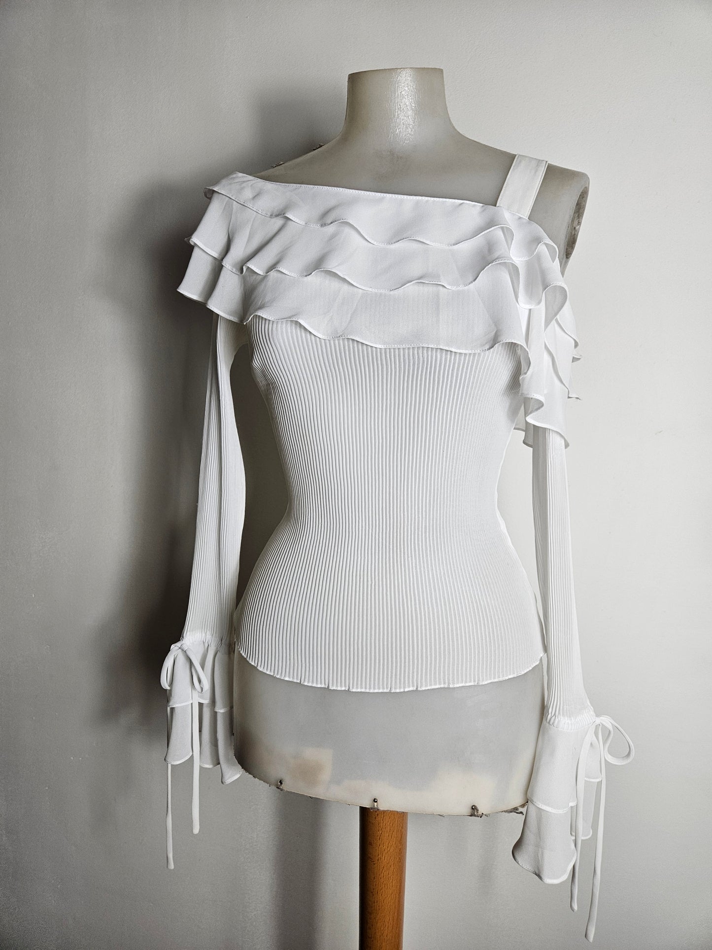 Asymmetrical voile top with ruffles