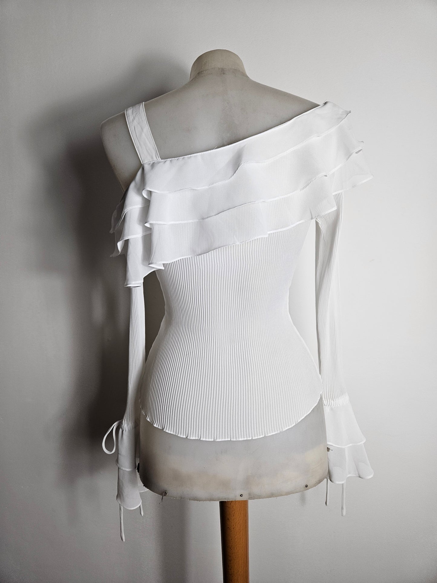 Asymmetrical voile top with ruffles