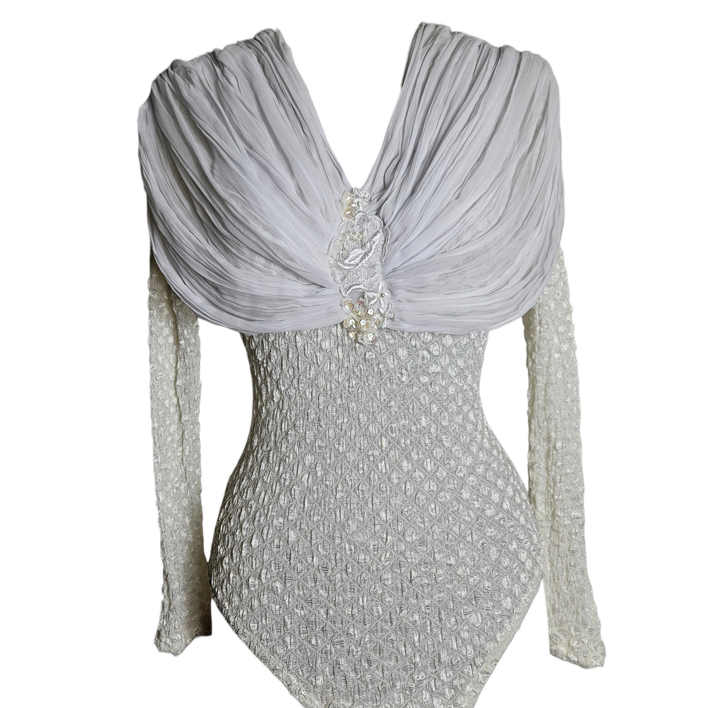 White draped fairycore top with romantic beaded detail, ethereal Y2K goddess blouse with soft whimsigoth bridal inspired silhouette.