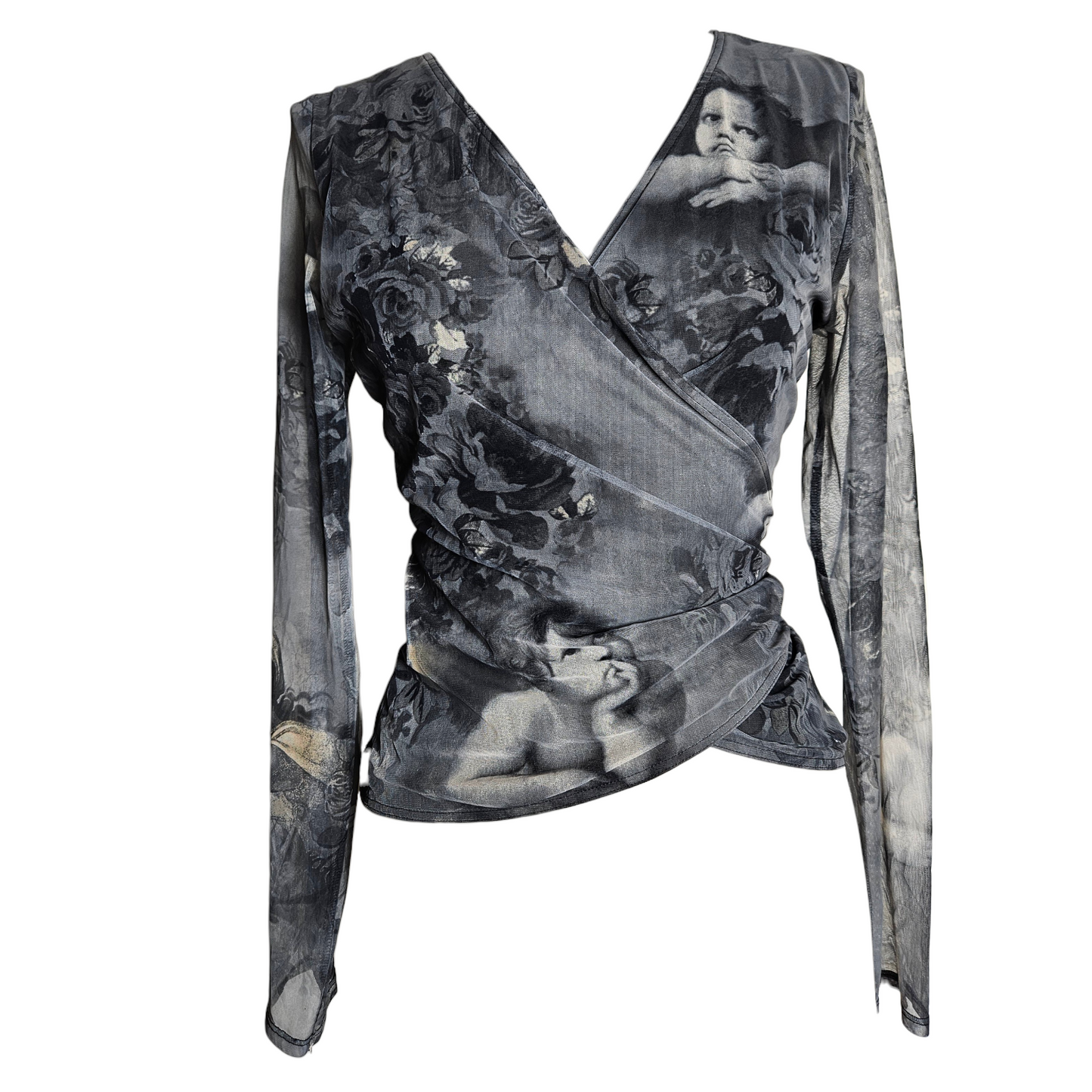 Grey angel print mesh top with wrap neckline, gothic fairycore Y2K aesthetic featuring renaissance cherub artwork and ethereal whimsigoth vibe.