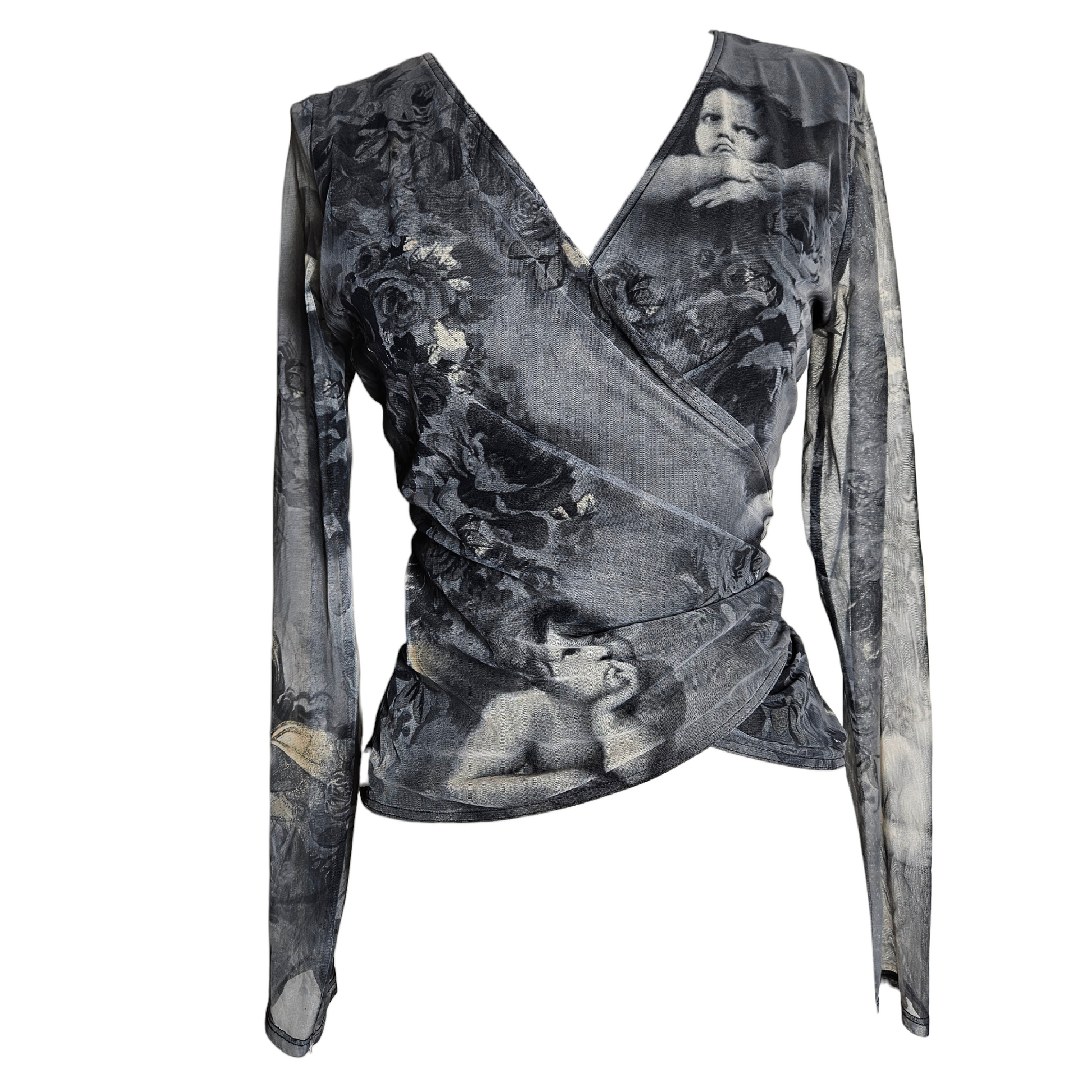 Grey angel print mesh top with wrap neckline, gothic fairycore Y2K aesthetic featuring renaissance cherub artwork and ethereal whimsigoth vibe.