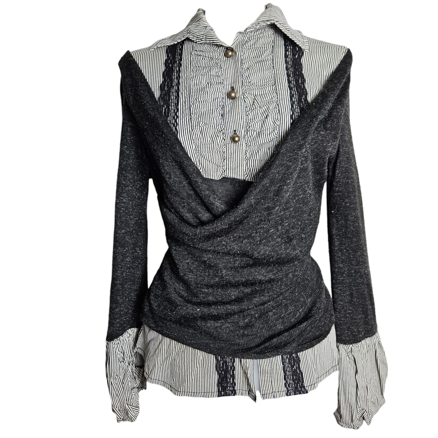 Vintage layered draped sweater with built-in striped blouse, romantic dark academia and whimsigoth Y2K aesthetic statement top