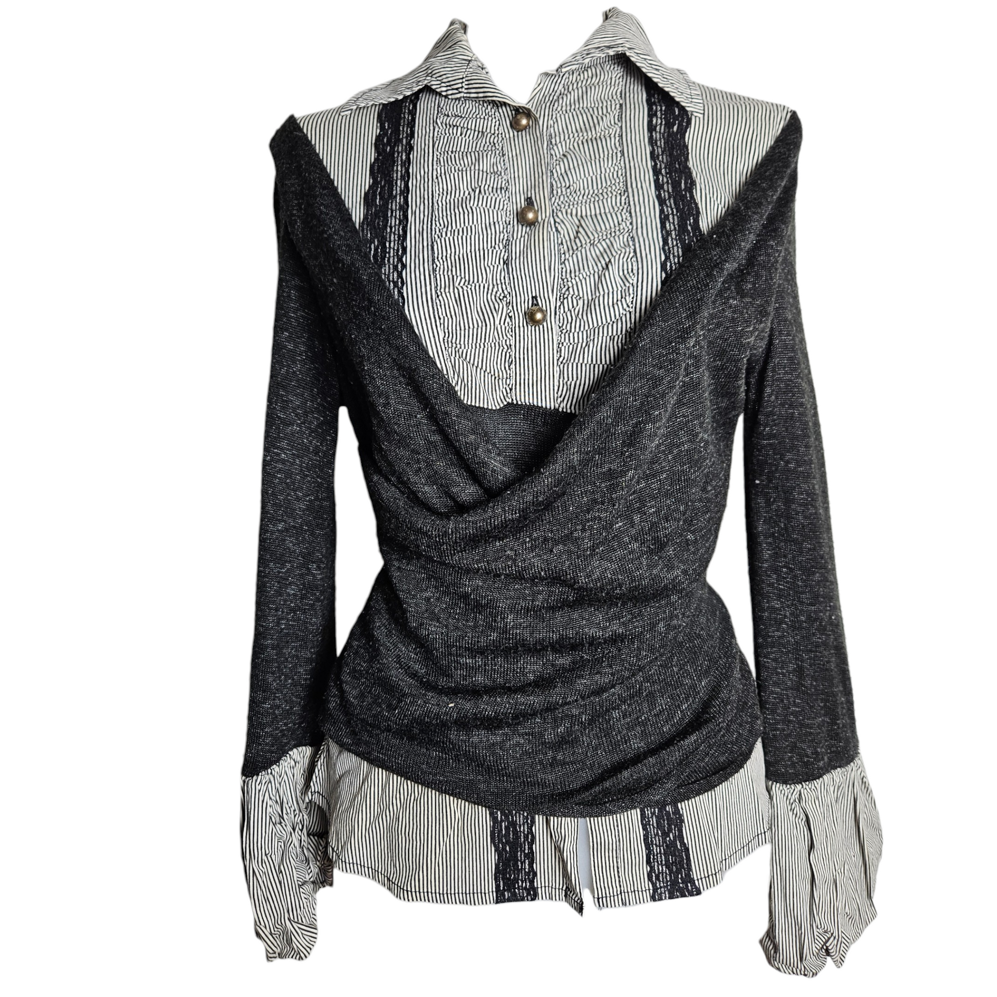 Vintage layered draped sweater with built-in striped blouse, romantic dark academia and whimsigoth Y2K aesthetic statement top