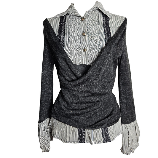 Vintage layered draped sweater with built-in striped blouse, romantic dark academia and whimsigoth Y2K aesthetic statement top