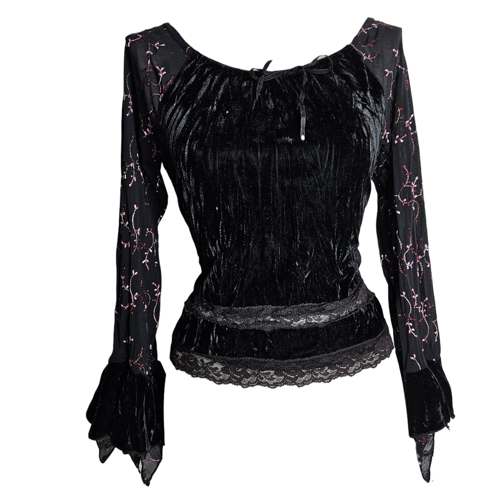 Black velvet fairycore top with sheer embroidered sleeves, romantic Y2K whimsigoth blouse featuring lace trim and dreamy gothic silhouette.