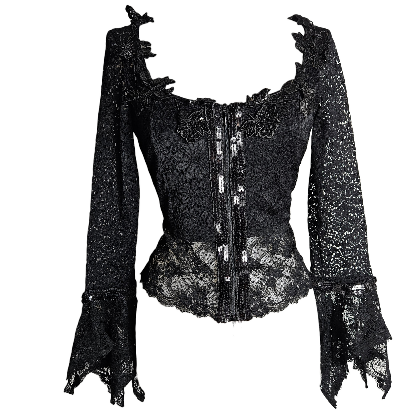 Black lace gothic top with flared sleeves and front zipper, romantic Y2K fairycore blouse with Parisian vintage whimsigoth silhouette.