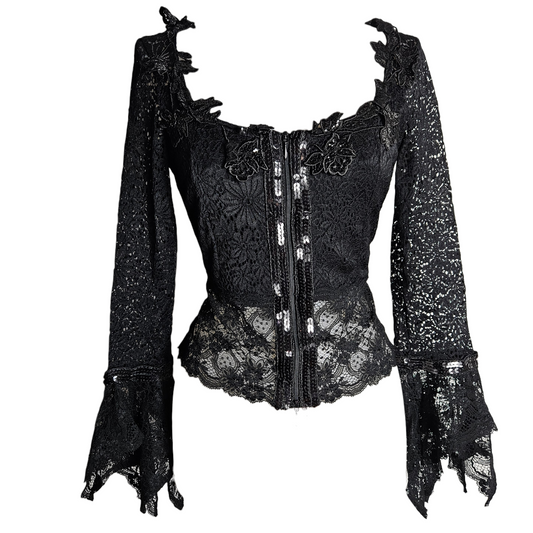 Black lace gothic top with flared sleeves and front zipper, romantic Y2K fairycore blouse with Parisian vintage whimsigoth silhouette.