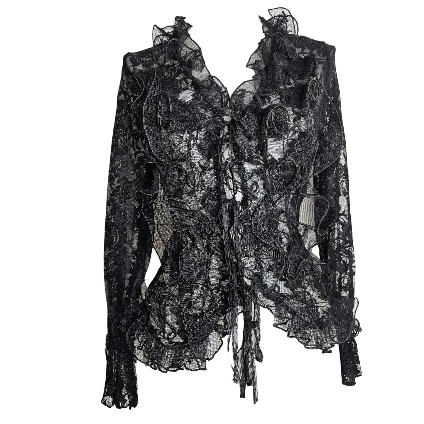 Black lace ruffle blouse with tie front closure, gothic fairycore Y2K romantic top featuring sheer lace and dramatic whimsigoth layered details.