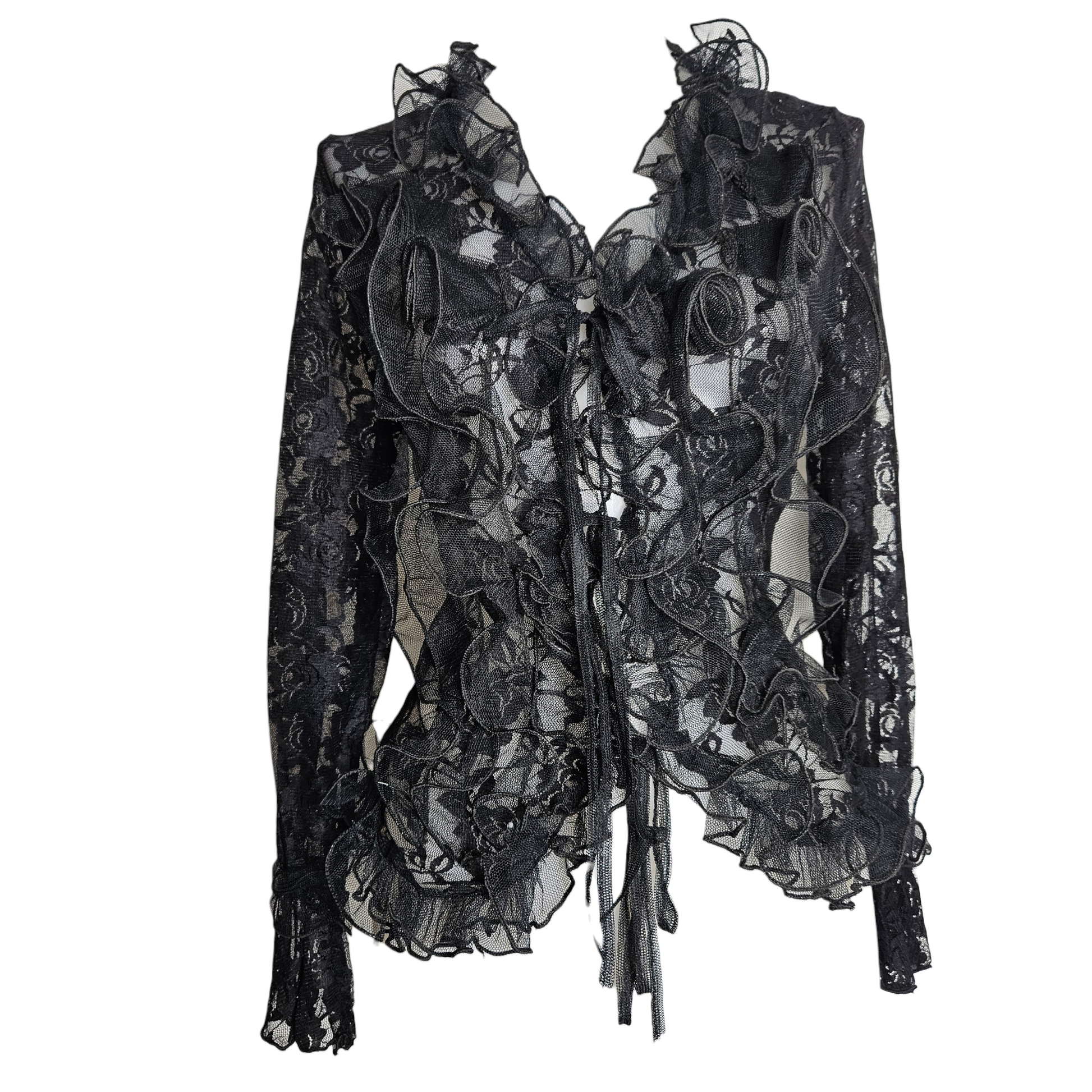 Black lace ruffle blouse with tie front closure, gothic fairycore Y2K romantic top featuring sheer lace and dramatic whimsigoth layered details.
