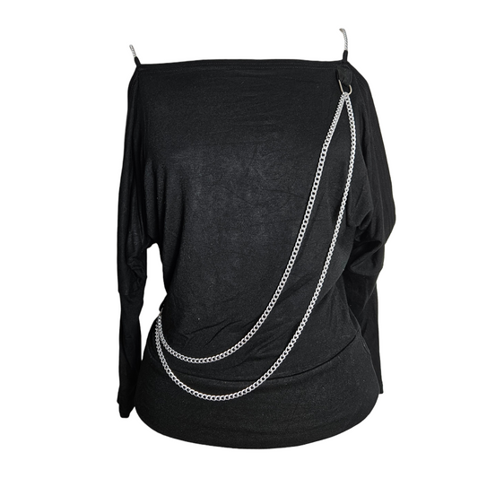 Black Y2K chain detail top with off-shoulder neckline and silver draped chains, edgy gothic fairycore aesthetic with whimsigoth cyber vibe.