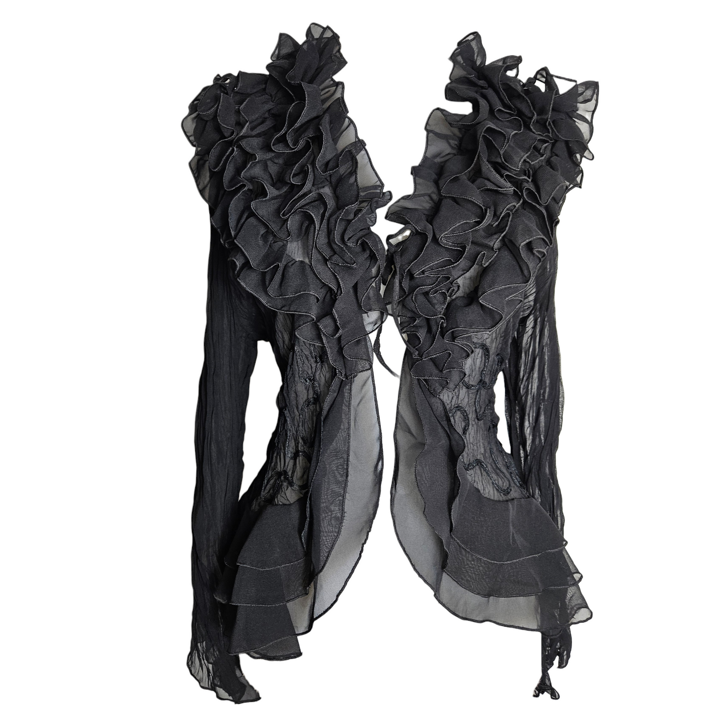 Black sheer ruffle blouse with dramatic layered neckline, gothic fairycore Y2K romantic top in flowing chiffon with whimsigoth silhouette.