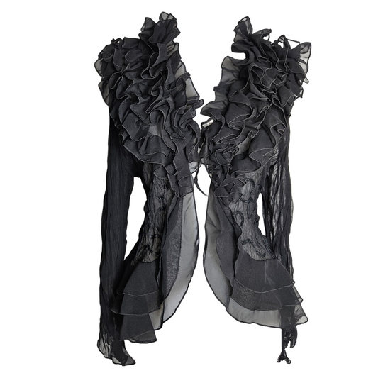 Black sheer ruffle blouse with dramatic layered neckline, gothic fairycore Y2K romantic top in flowing chiffon with whimsigoth silhouette.