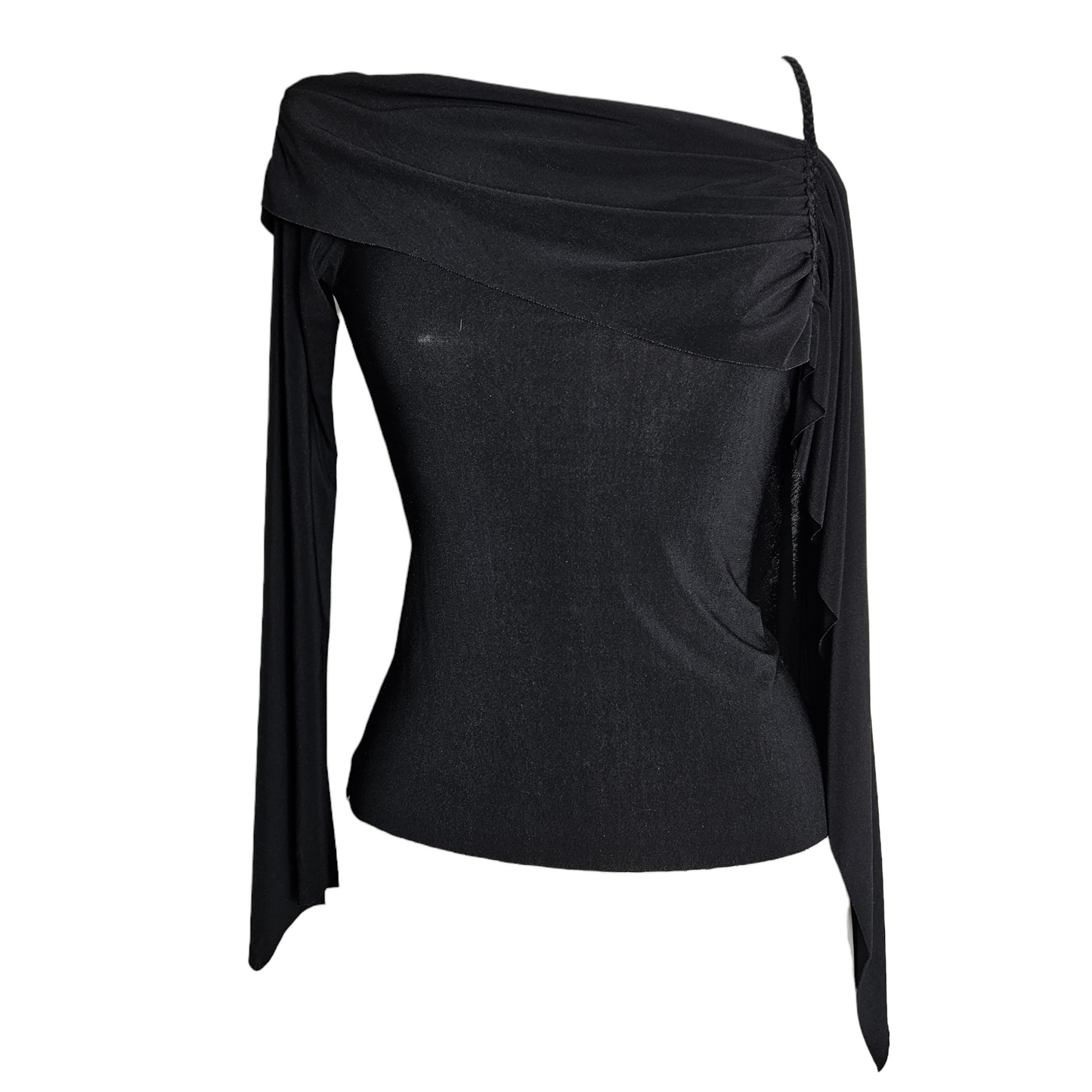 Black asymmetrical Y2K top with draped neckline and single braided strap, sleek gothic fairycore silhouette with minimalist whimsigoth vibe.