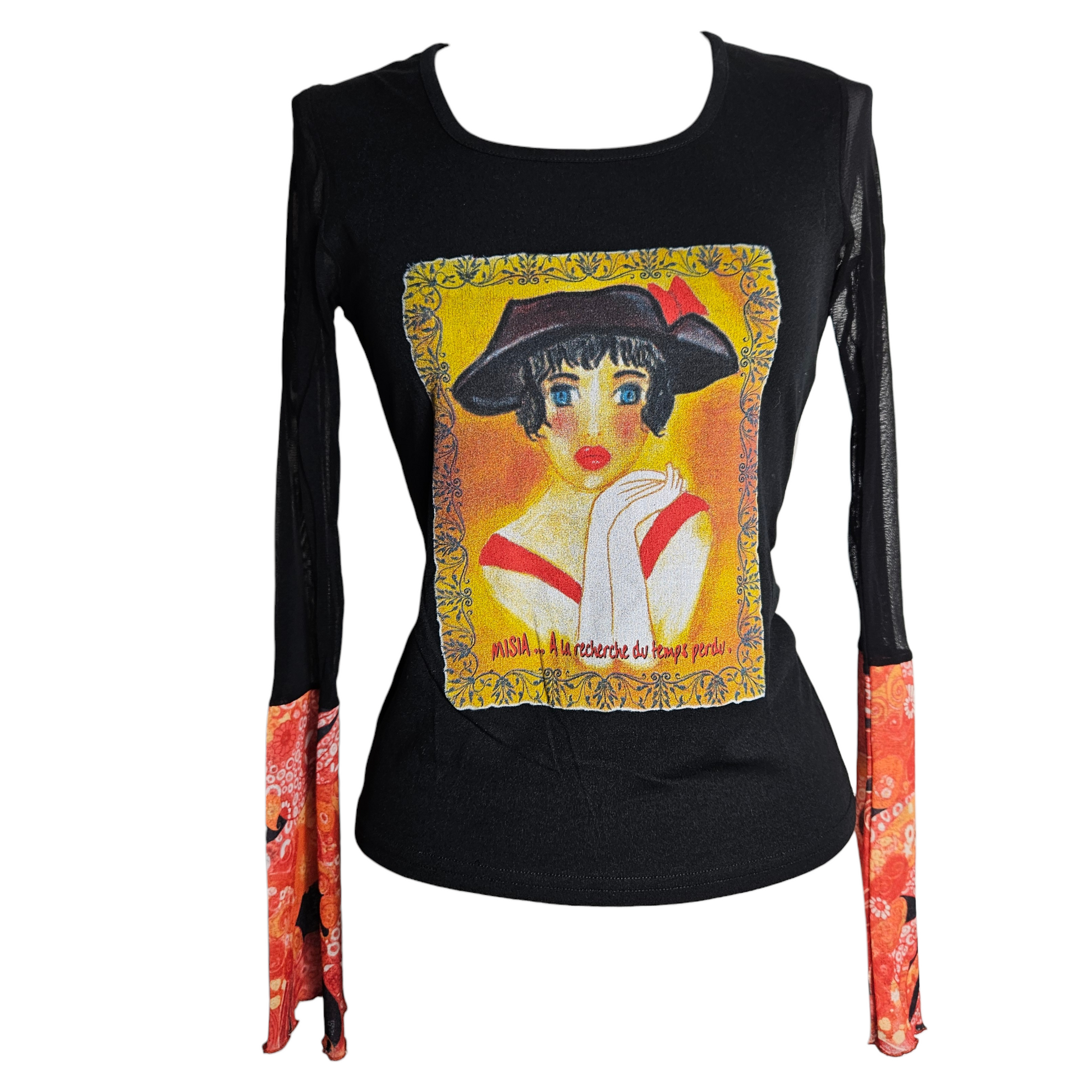 Vintage MISIA graphic mesh top with artistic portrait print, sheer sleeves and romantic French Y2K whimsigoth fairycore aesthetic by Lucid Dream 2007.