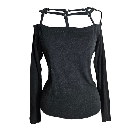 Black off-shoulder gothic top with strap cage neckline, Y2K whimsigoth aesthetic long sleeve fitted top, dark fairycore inspired silhouette.