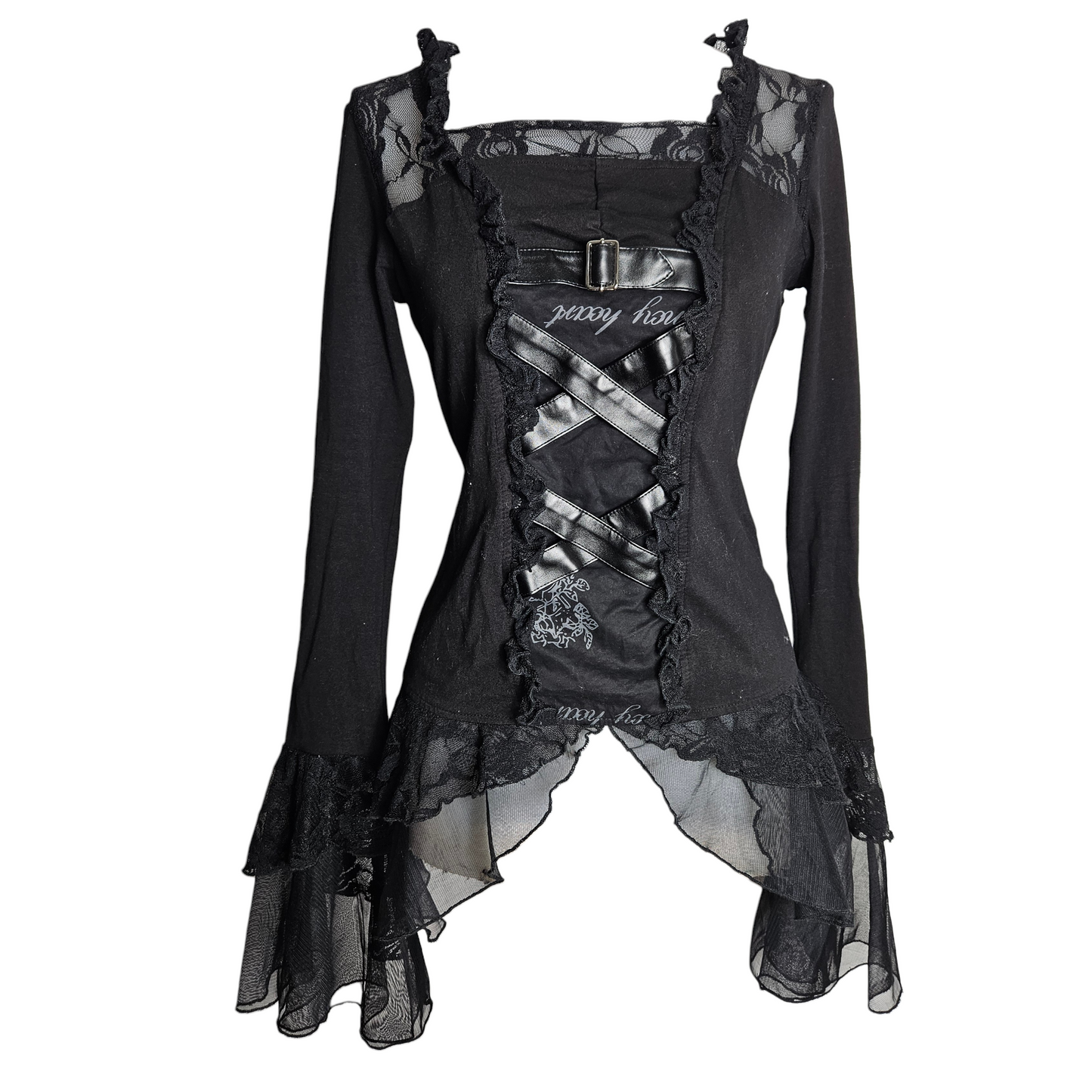 Vintage gothic punk rave lace up top with corset details and sheer ruffled sleeves, dark whimsigoth y2k aesthetic by Lucid Dream 2007