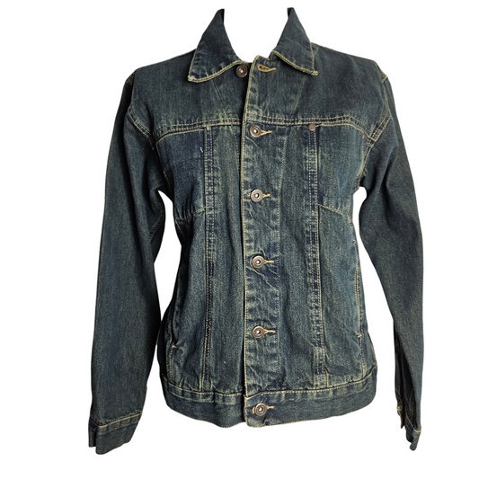 Vintage blue denim jacket with faded wash and fitted silhouette, classic y2k essential perfect for effortless fairycore layering.