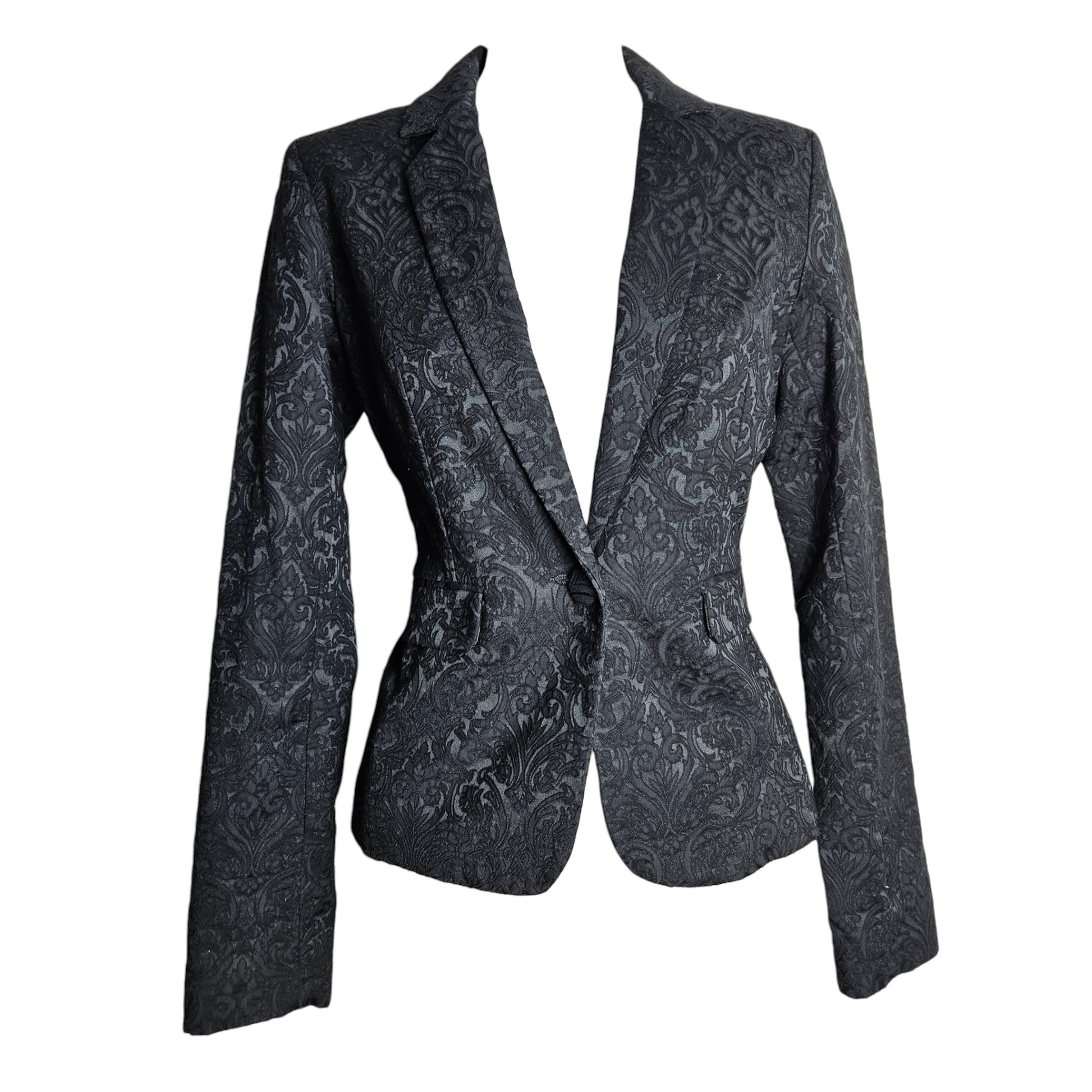 Black vintage baroque blazer with subtle damask pattern, tailored silhouette and dark romantic vibes, perfect for a chic whimsigoth or modern y2k look.