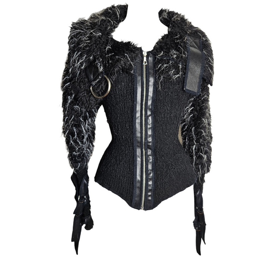 Vintage black textured zip jacket with shaggy sleeves and metal ring detail, bold dark y2k goth statement piece with edgy whimsigoth vibes.