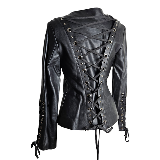 Vintage black faux leather lace-up jacket with corset back, edgy Y2K goth and whimsigoth aesthetic fitted statement piece
