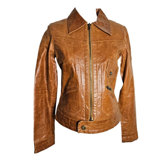Vintage brown pig leather jacket with zip front and structured panels, rich earthy tone perfect for a y2k western fairycore aesthetic.