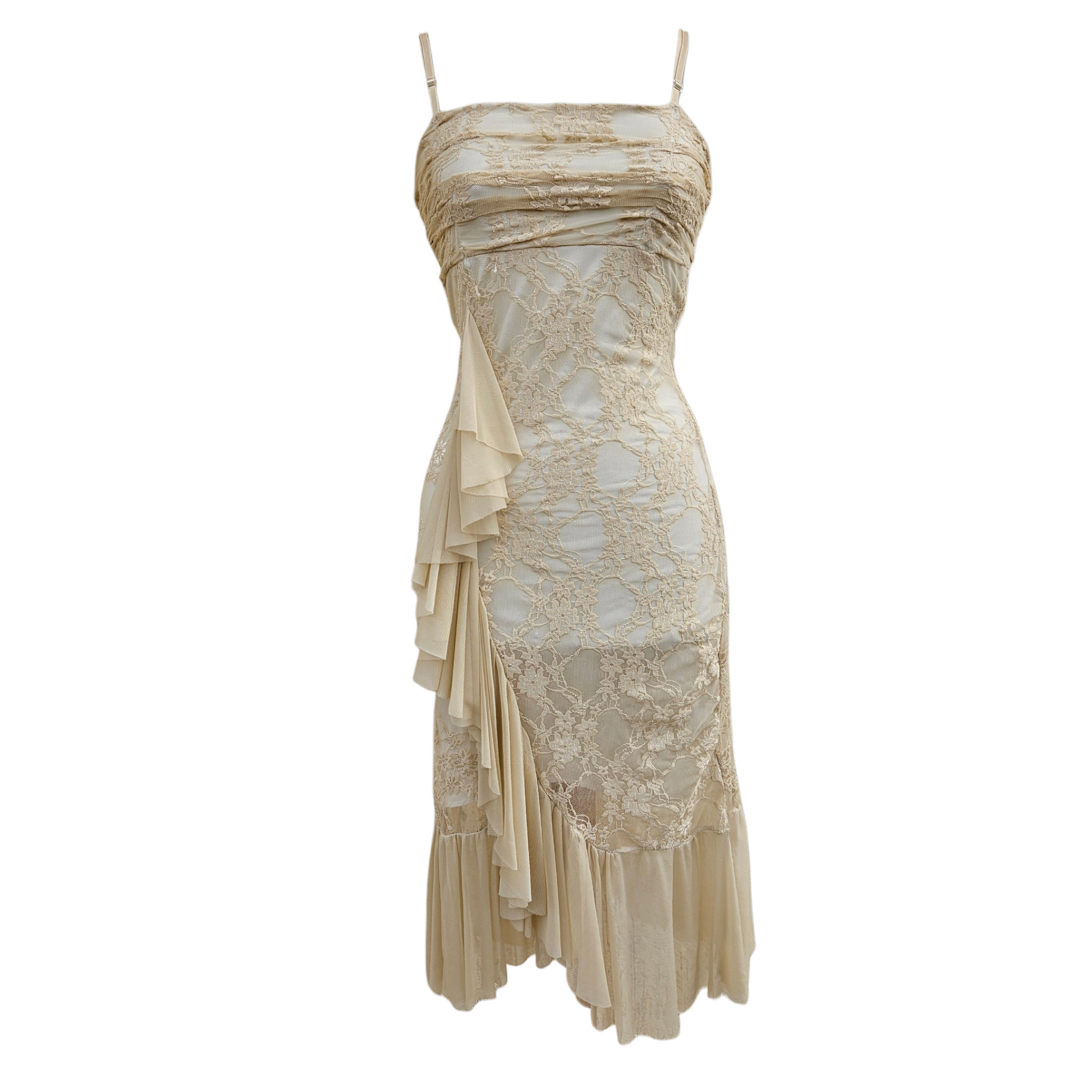 Vintage ivory lace dress with cascading ruffles and delicate straps, romantic fairycore and soft Y2K reverie aesthetic evening silhouette by Lucid Dream 2007.