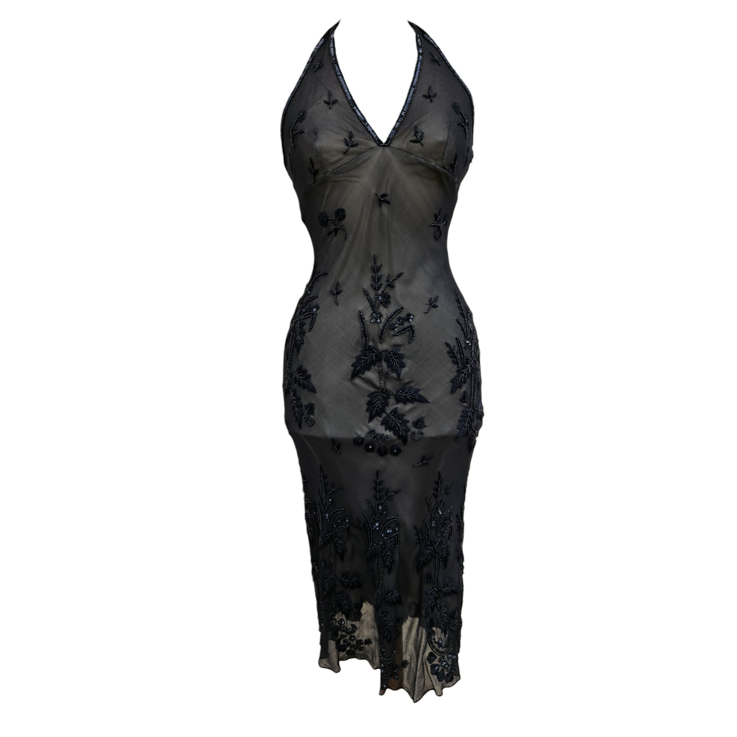 Vintage black beaded halter dress with sheer mesh and floral embroidery, elegant Y2K whimsigoth evening gown with romantic fairycore vibes.