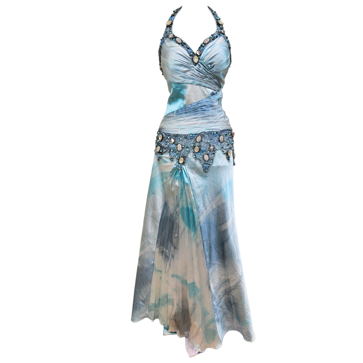Vintage turquoise and silver beaded halter evening gown with flowing draped skirt, dreamy fairycore and Y2K prom dress aesthetic by Lucid Dream 2007.